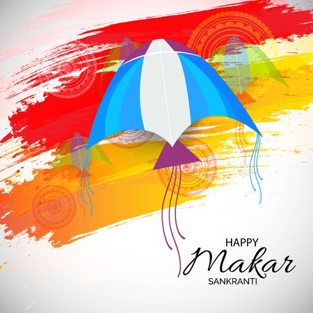 Vector illustration of a background and poster with colorful kites for Happy Makar Sankranti.のイラスト素材