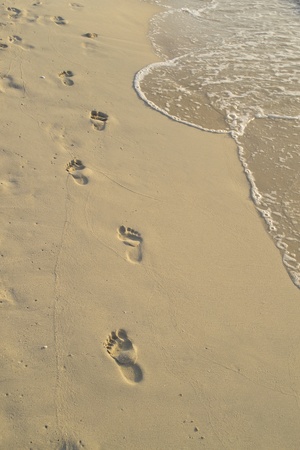 Foot prints in the sand on a beachの写真素材