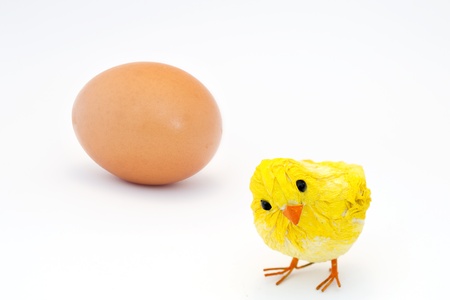 Yellow chick with egg on a white backgroundの写真素材