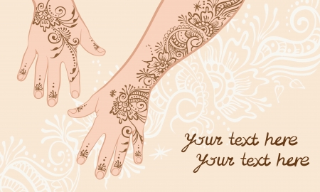 Henna hands painted with a pattern on a beige backgroundのイラスト素材