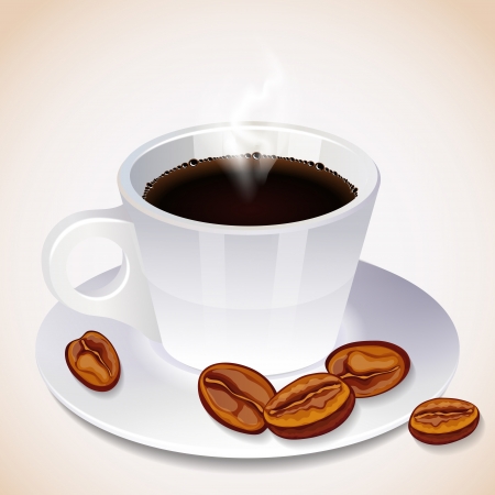 A steaming cup of coffee and coffee beansのイラスト素材