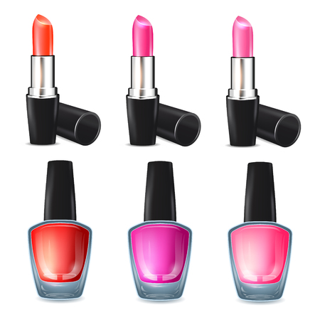 Multicolor lipsticks and nail polishes, nine objectのイラスト素材