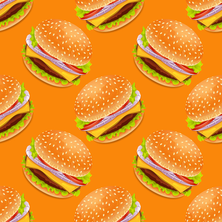 Seamless background with cartoon style hamburgers on a yellow bacgroundのイラスト素材