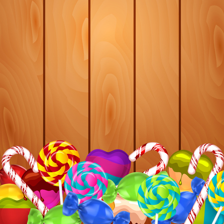 Bright background with candies on woodのイラスト素材