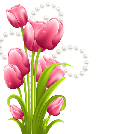 Tulip bouquet on the white background with pearlsのイラスト素材