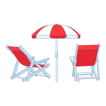 Vector red deck chairs under beach umbrellaのイラスト素材