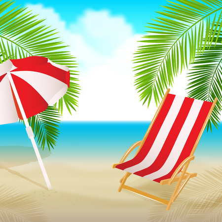 Seaside view with a palm tree, beach chair. Summer vacation concept background. Vector.のイラスト素材