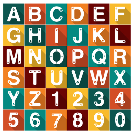 Vector Alphabet Number Dog Cat paw Set illustrationのイラスト素材