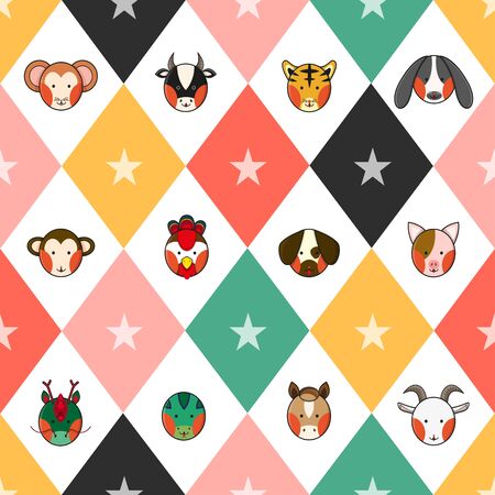 Colorful Chinese Zodiac 12 Animal Signs Chess Board Diamond Background Vector Illustrationのイラスト素材
