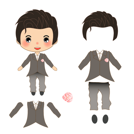Groom Gray Weddind Suit Costume, Vector Illustration. isolated on White Background.のイラスト素材