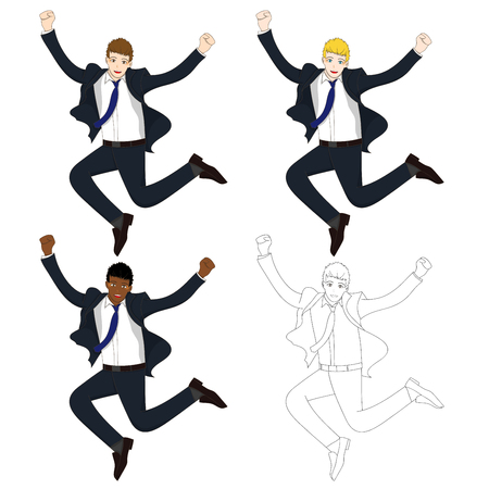 Set Handsome Business Man Jumping Celebration. Full Body Vector Illustration. isolated on White Backgroundのイラスト素材