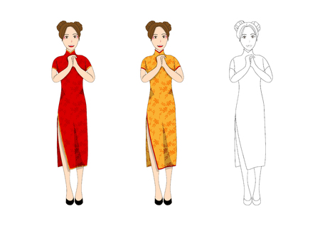 Chinese Woman in Traditional Red Qipao Dress. New Year People Greeting. Vector Illustration. isolated on white Background.のイラスト素材