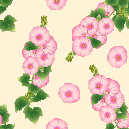 Pink Alcea Rosea - hollyhocks, Aoi on Beige Ivory Background. Vector Illustration.のイラスト素材