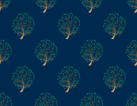 Green Tree Seamless on Indigo Blue Background. Vector Illustration.のイラスト素材