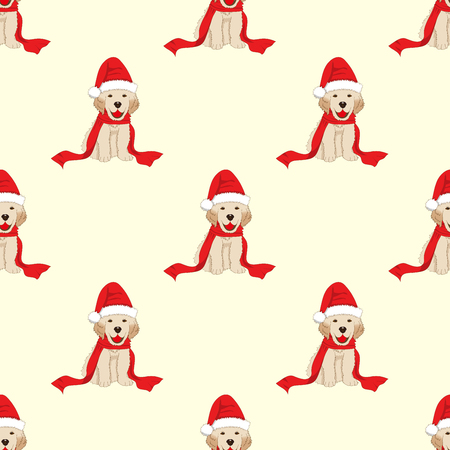 Labrador Retriever with Santa Hat Seamless on Ivory Beige Background. Vector Illustration.のイラスト素材