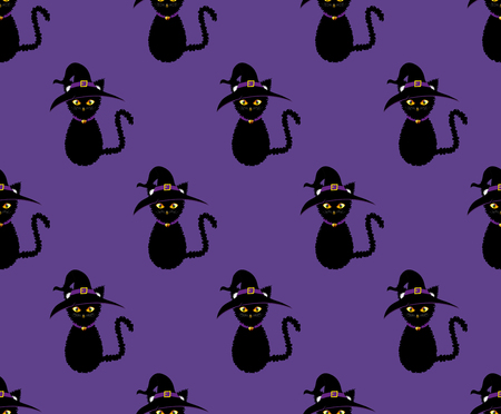 Black Cat Witch Seamless on Purple Background. Vector Illustration.のイラスト素材