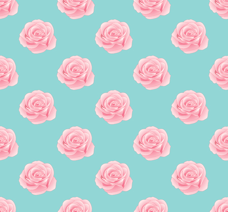 Pink Rose Seamless on Blue Mint Background. Vector Illustration.のイラスト素材