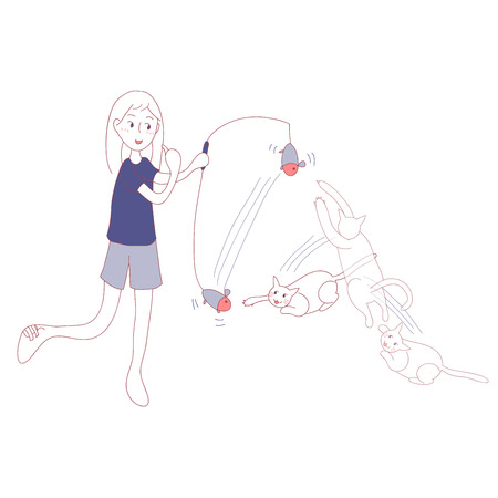 Girl Playing Toy Hunting with Cat.のイラスト素材