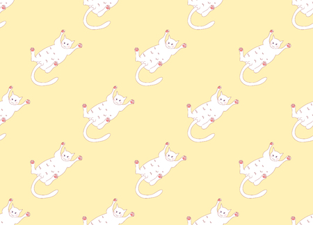 White Cute Cat Laying on Back Seamless Yellow background.のイラスト素材