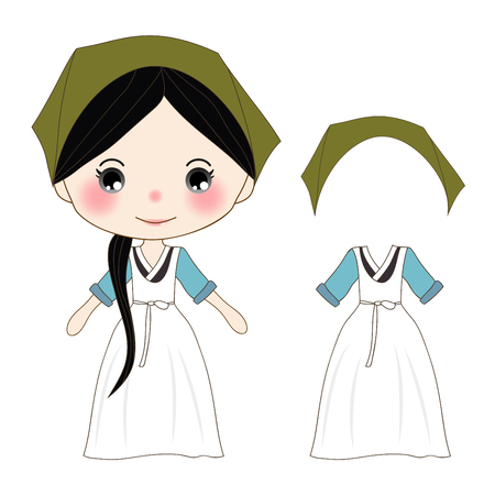 Cute Girl in Green Hanbok Korean Traditional Costume. Vector. Illustration. isolated on White Backgroundのイラスト素材