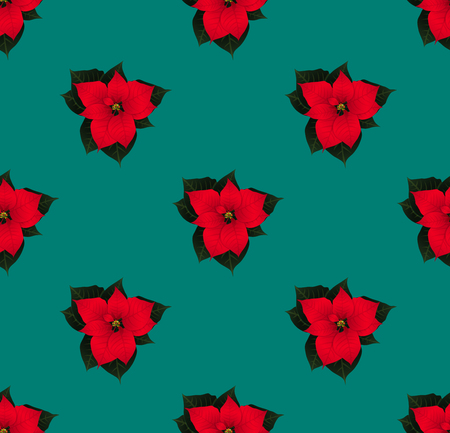 Red Poinsettia Seamless on Green Teal Background. Vector Illustration.のイラスト素材