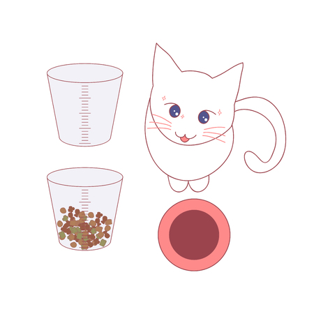 Measure Food with Glass before giving Cat. Vector Illustration. isolated on White Background.のイラスト素材