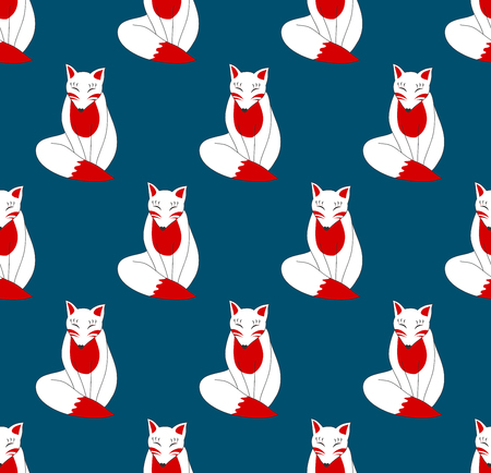 Kitsune Fox on Indigo Blue Background. Vector Illustration.のイラスト素材
