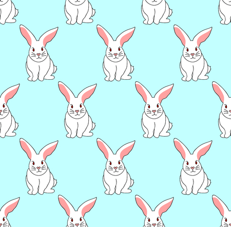 Cute White Rabbit on Blue Mint Background. Vector Illustration.のイラスト素材