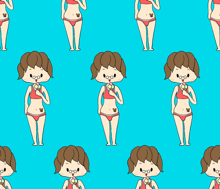 Cute Girl in Swimsuit - Teenage on Blue Background. Vector Illustration.のイラスト素材