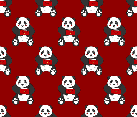 Cute Panda with Red Letter on Red Background. Vector Illustration.のイラスト素材