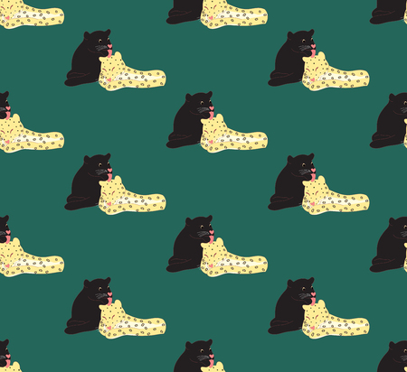 Black panther and Leopard Lover on Green Background. Vector Illustration.のイラスト素材