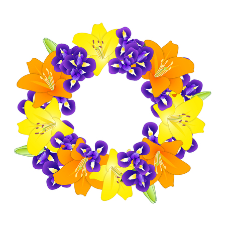 Yellow, Orange Lily and Blue Iris Flower Wreath on White Background. Vector Illustration.のイラスト素材
