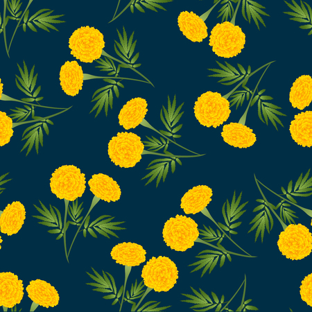 Yellow Marigold Seamless on Dark Blue Background. Vector Illustration.のイラスト素材