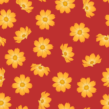 Orange Yellow Cosmos Flower on Red Background. Vector Illustration.のイラスト素材