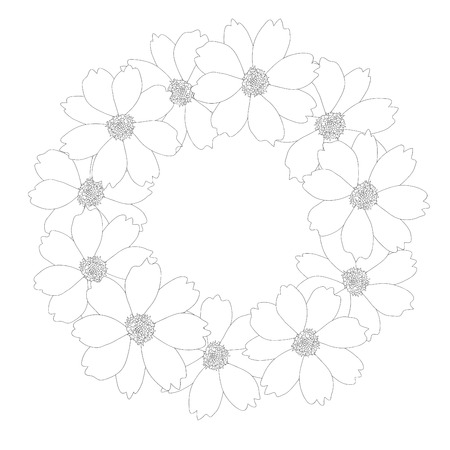 Cosmos Flower Outline Wreath. Vector Illustration.のイラスト素材