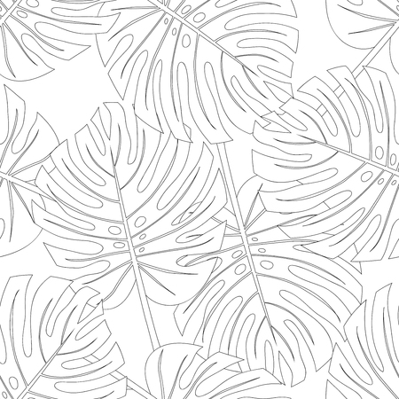 Philodendron Monstera Leaf Seamless Outline isolated on White Background. Vector Illustration.のイラスト素材
