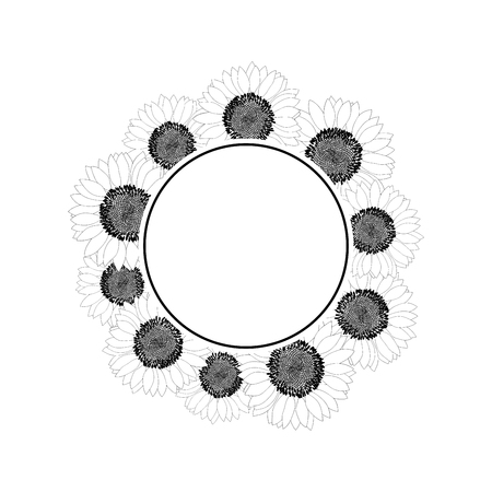 Sunflower Banner Wreath Outline isolated on White Background. Vector Illustration.のイラスト素材
