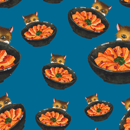 Salmon Sashimi Bowl and Cute Cat Peeking Watercolor. Illustration Seamless Background.の写真素材