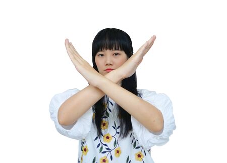 Cute Asian Girl Crossing Hand to Reject. isolated on White Background.の写真素材