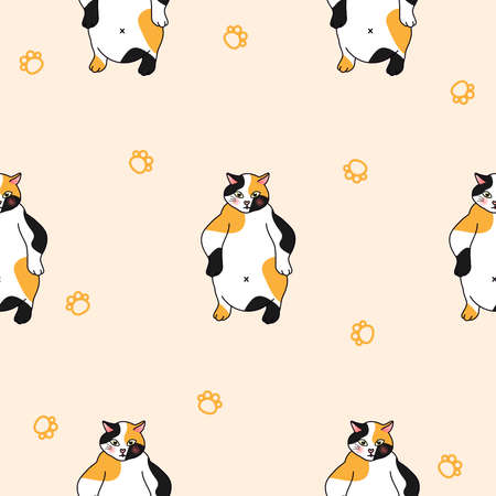 Calico Cat Seamless on Ivory Background Vector Illustrationのイラスト素材