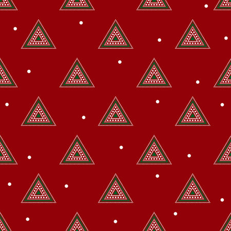 Christmas Minimal Green Tree Aztec and White Snow on Red Background. Vector Illustrationのイラスト素材