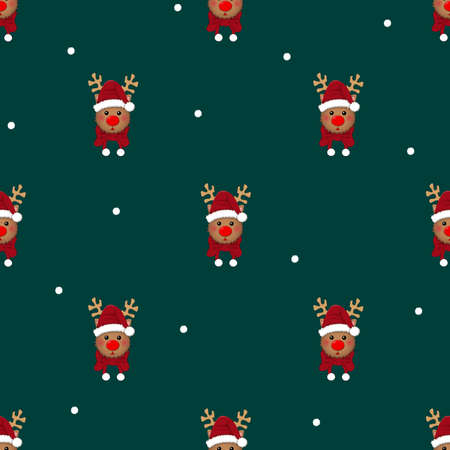 Reindeer Santa with Red Scarf and White Snow on Green Background. Vector Illustration.のイラスト素材