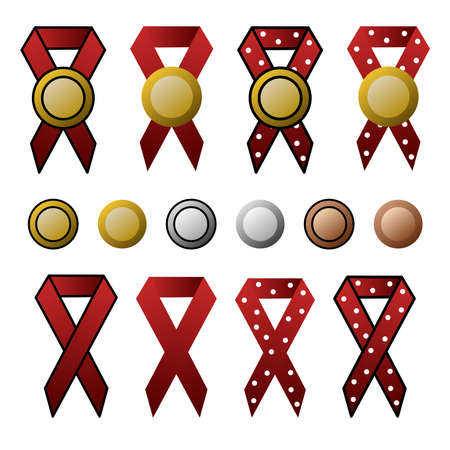 Gold, Silver, Bronze Medals with Red Ribbon normal and Polka Dot Style. Blood Red Ribbon. Vector Illustrationのイラスト素材