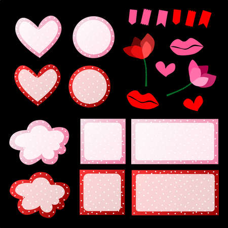 White Mini Hearts Polka Dots on Red and Pink Text Box Banner Set. Valentine Day Collection. Vector Illustration.のイラスト素材