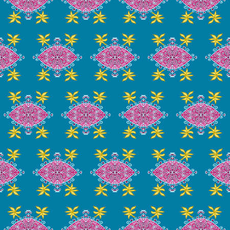 Pink and Yellow Flower on Blue. Geometric ethnic oriental pattern traditional Design for...