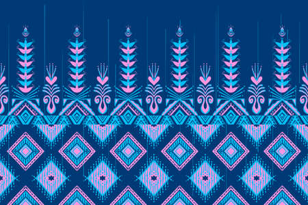 Pink and Blue on Navy Blue. Geometric ethnic oriental pattern traditional Design for background,carpet,wallpaper,clothing,wrapping,Batik,fabric, illustration embroidery style.の写真素材