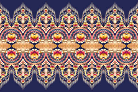Pink Yellow Brown Flower on Navy Blue. Geometric ethnic oriental pattern traditional Design for background,carpet,wallpaper,clothing,wrapping,Batik,fabric, illustration embroidery style.の写真素材