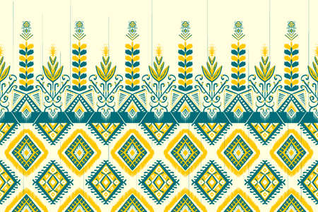 Yellow and Indigo Blue Flower on Ivory. Geometric ethnic oriental pattern traditional Design for...