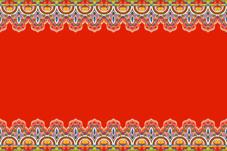 Yellow, Blue, Flower on Orange Red. Geometric ethnic oriental pattern traditional Design for background,carpet,wallpaper,clothing,wrapping,Batik,fabric, illustration embroidery style.の写真素材