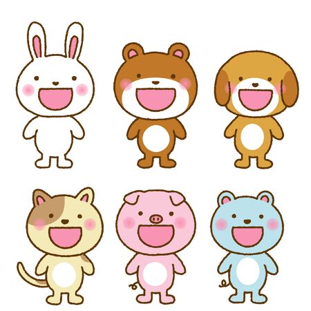 A set of cute smiling animal characters for children, the whole body is drawnのイラスト素材